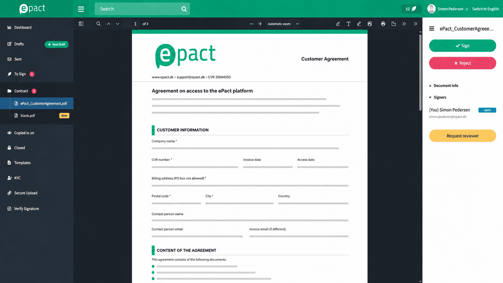 Digital signature in ePact Sign