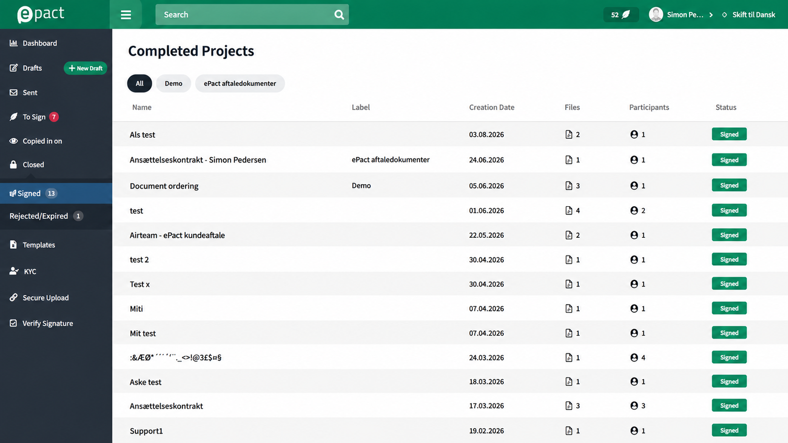 Overview of completed and signed requests in ePact Sign