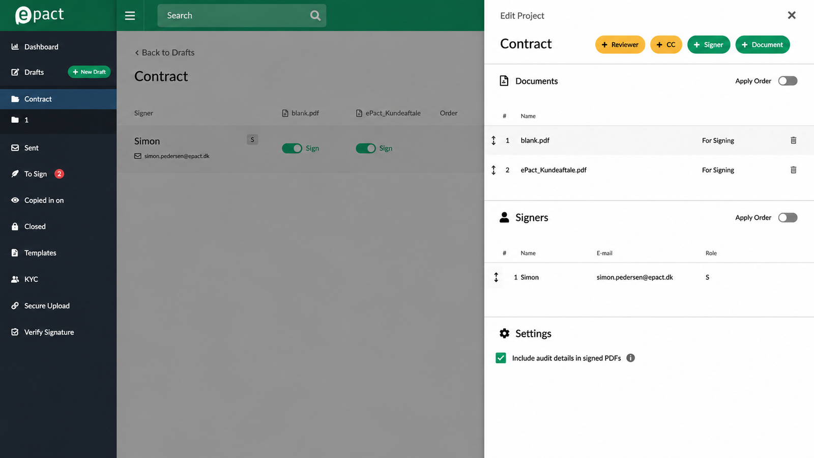 Edit documents and signers in an ePact Sign request